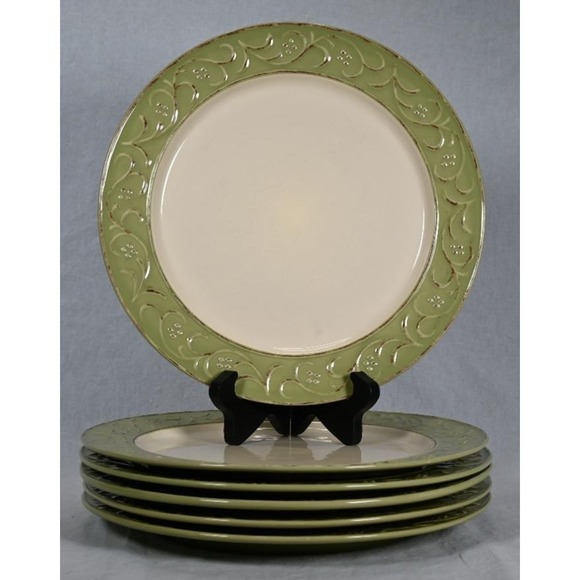 Set of (6) Pier 1 Antique Floral Green Stoneware Dinner Plates 10-7/8" - Picture 2 of 5